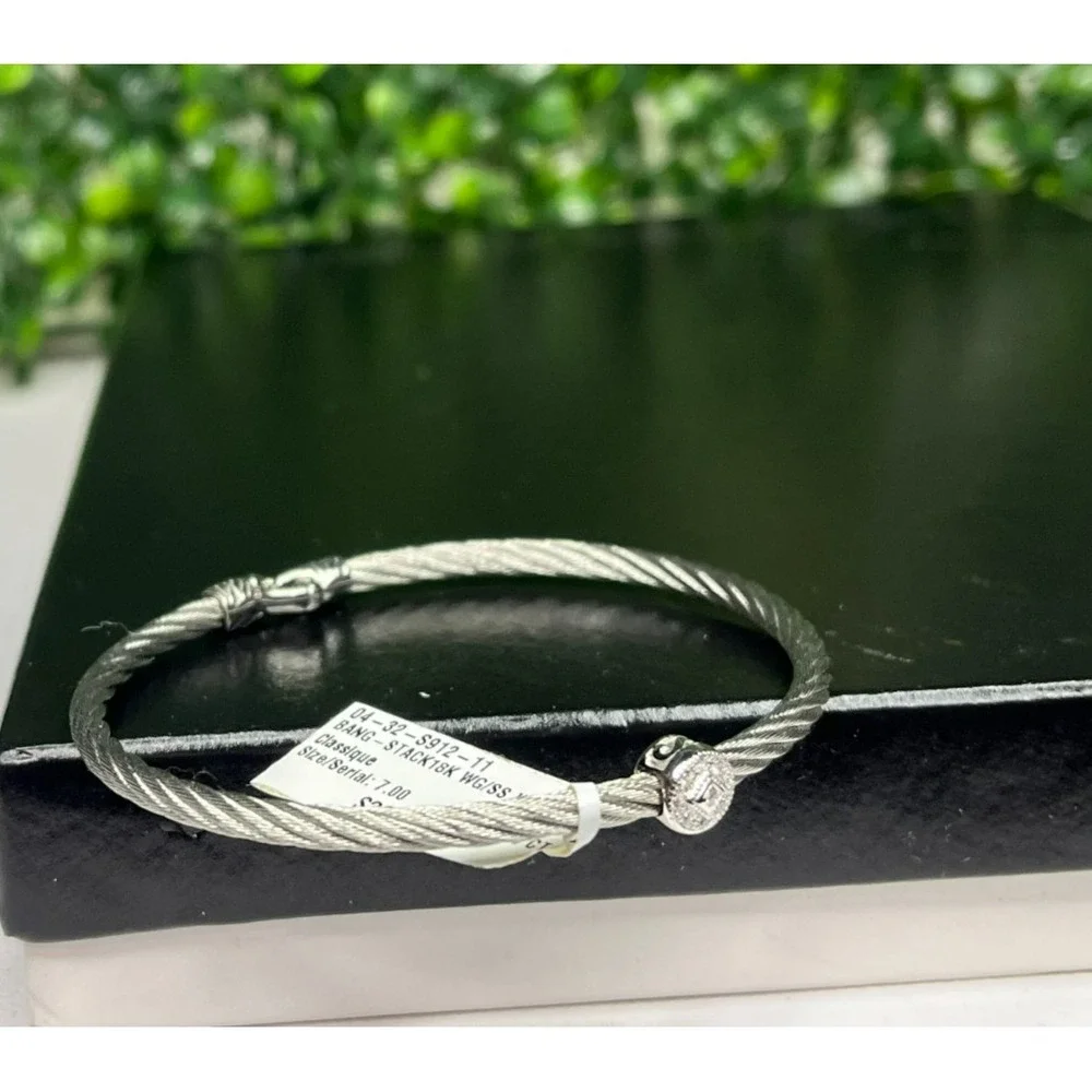 CHARRIOL 18K White Gold 0.05ct Diamond Stainless Steel  Wire Cable Bracelet Sz 7